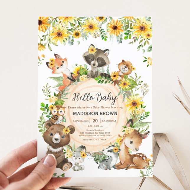 Invitación Sunflower Woodland Animals Baby Shower (Sunflower Woodland Animals Floral Baby Shower Invitation)