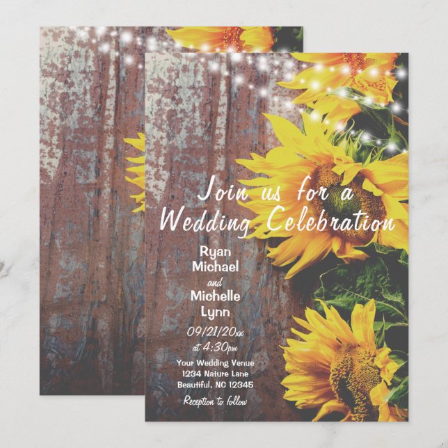 Invitación Sunflower y alumbra la boda rústica por campo (Anverso / Reverso)