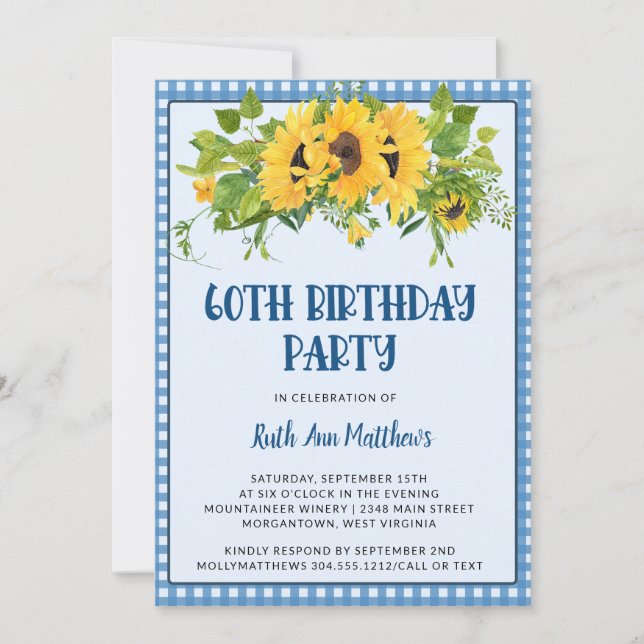Invitación Sunflower y Gingham Photo 60th Birthday Party (Anverso)