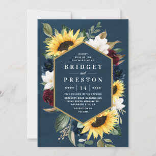 Invitación Sunflower y la Marina Azul Magnolia Borgoña Boda