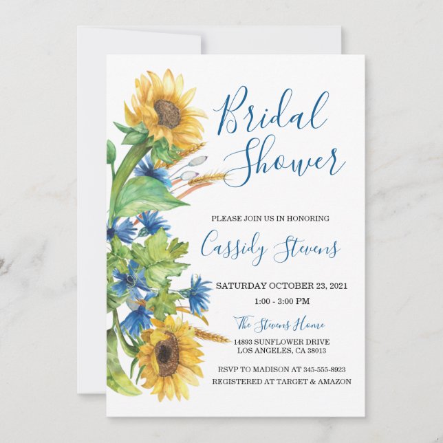 Invitación Sunflower Yellow Blue Floral Fall Bridal Shower (Anverso)