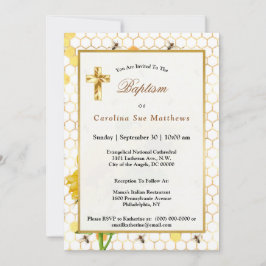 Invitación Sunflower Yellow Honeycomb Abejas Bautismo de Oro