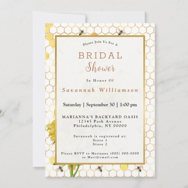Invitación Sunflower Yellow Honeycomb Beds Gold Bridal Shower (Anverso)