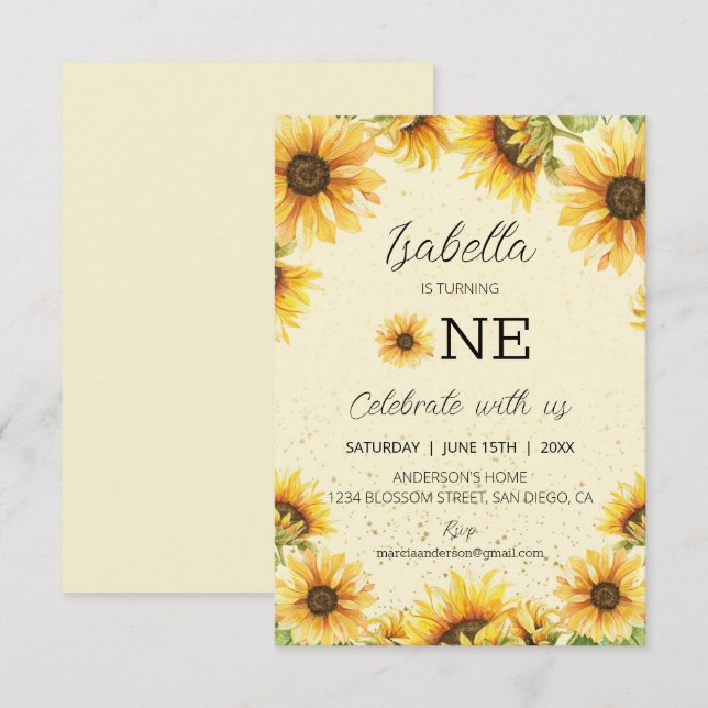 Invitación Sunflowers 1º cumpleaños (Anverso / Reverso)