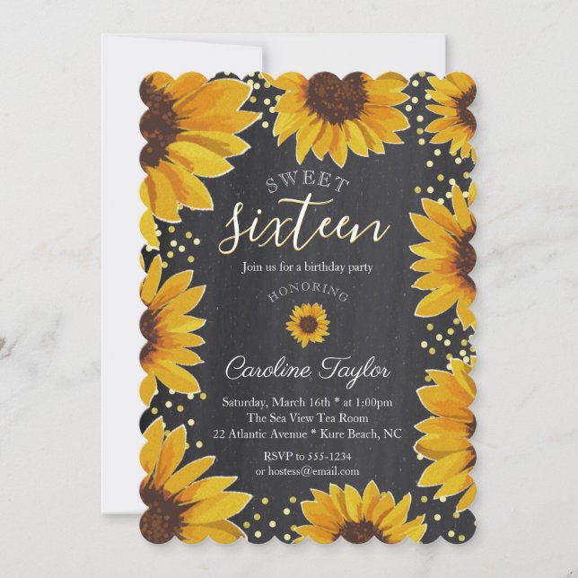 Invitación Sunflowers 16th Birthday Chalkboard (Anverso)