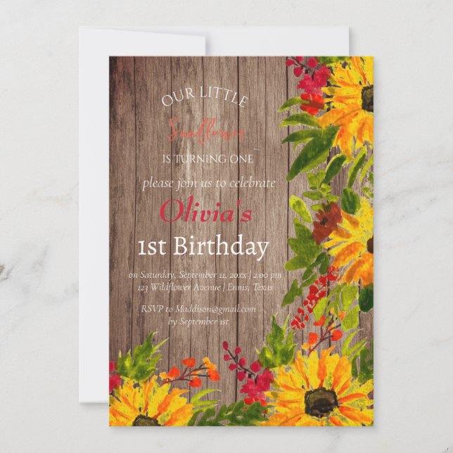 Invitación Sunflowers 1er cumpleaños País Chica Floral (Anverso)