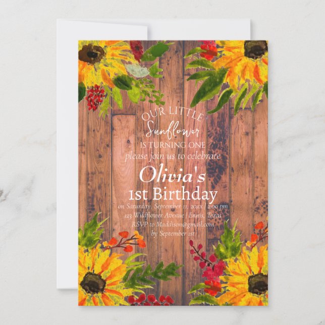 Invitación Sunflowers 1er cumpleaños País Chica Floral (Anverso)