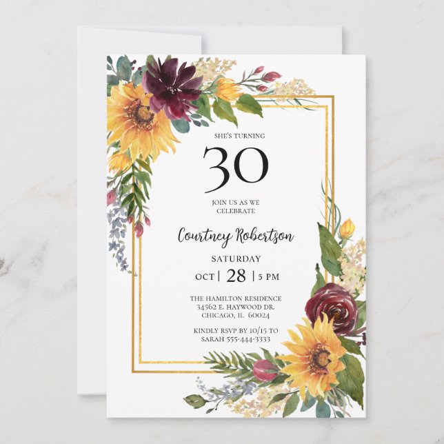 Invitación Sunflowers 30.º cumpleaños (Anverso)