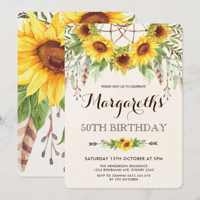 Invitación Sunflowers 50.ª fiesta de cumpleaños Boho Feathers (Anverso / Reverso)