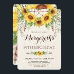Invitación Sunflowers 50.ª fiesta de cumpleaños Boho Feathers<br><div class="desc">Hermosa invitación inspirada en boho con girasoles acuarelas rústicos,  plumas y hojas verdes adosadas a un catador de ensueño</div>