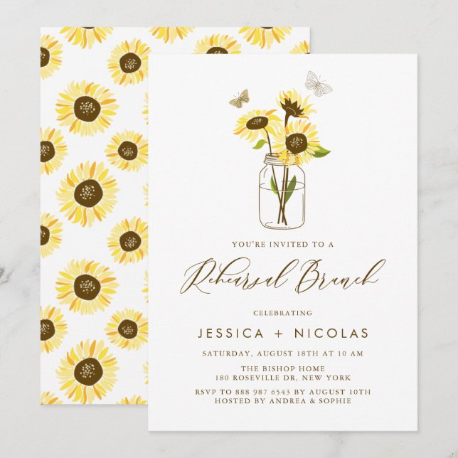 Invitación Sunflowers amarilla en un brunch de ensayo de Maso (Anverso / Reverso)