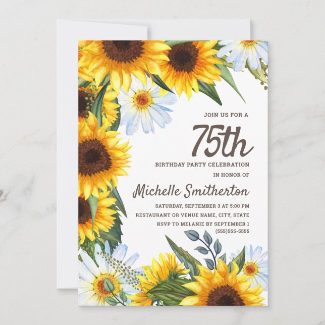 Invitación Sunflowers Amarillo White Daisies 75º cumpleaños (Anverso)