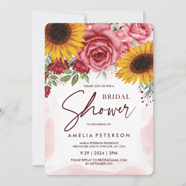 Invitación Sunflowers and Burgunds Roses Brises Bridal Shower (Anverso)