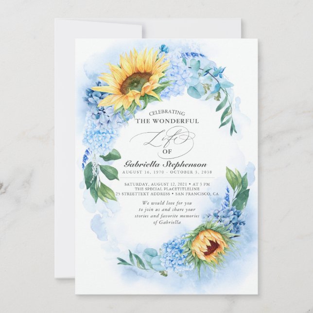 Invitación Sunflowers and Dusty Blue Hydrangea Floral Funeral (Anverso)