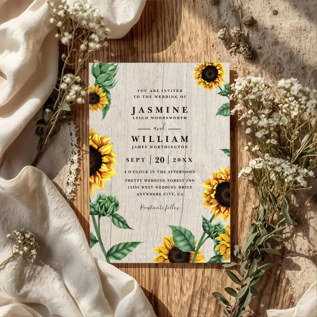 Invitación Sunflowers And Wood Rustic Country QR Code Wedding (Subido por el creador)