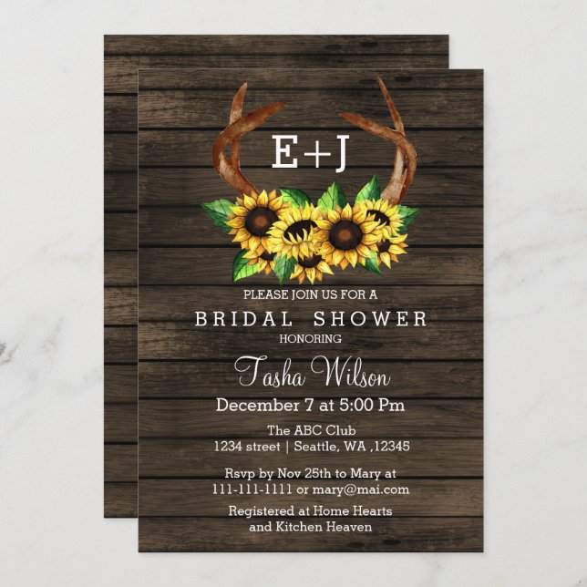 Invitación Sunflowers Antlers Country Moda Bridal Shower (Anverso / Reverso)