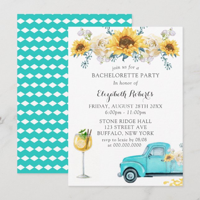 Invitación Sunflowers Aqua Vintage Truck Bachelorette Party (Anverso / Reverso)
