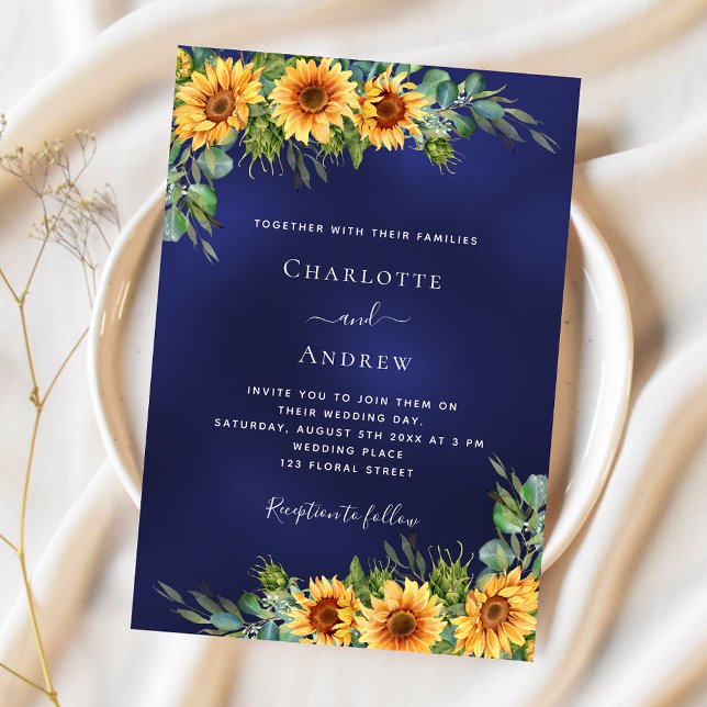 Invitación Sunflowers azul marino eucalipto lujoso boda (Subido por el creador)