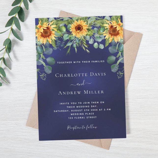 Invitación Sunflowers azul marino eucalipto verde (Subido por el creador)