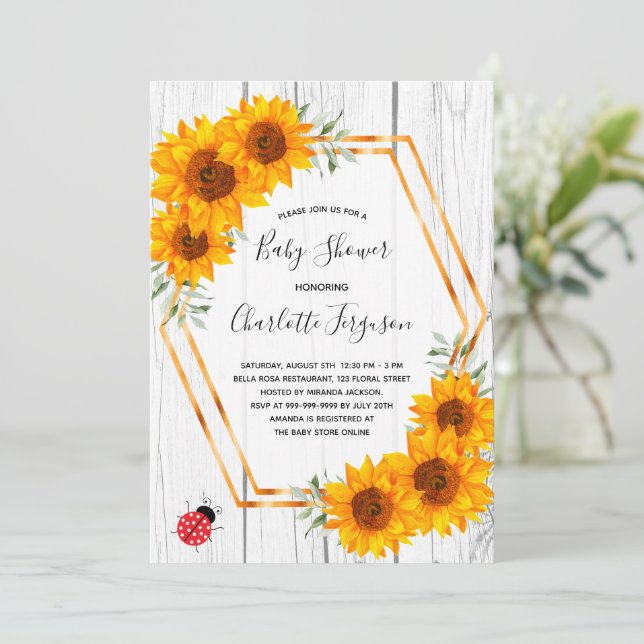 Invitación Sunflowers Baby Shower rústico de oro geybug (Anverso de pie)