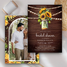 Invitación Sunflowers Barn Wood Mason Jar Foto Ducha de novia