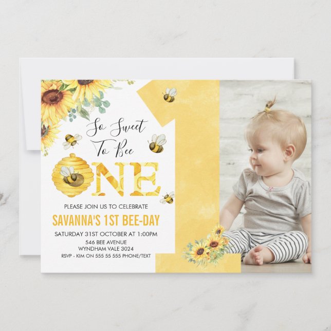 Invitación Sunflowers Bee Temática Primer Cumpleaños de Abeja (Anverso)