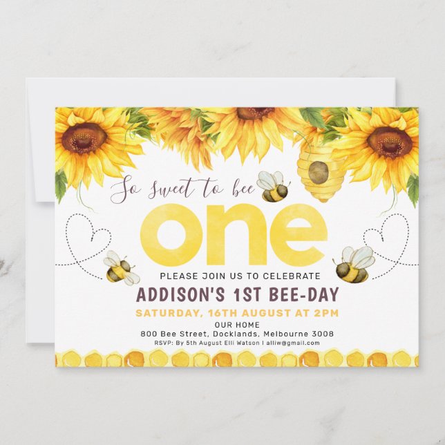 Invitación Sunflowers Bees Hearts Bee Day First Birthday (Anverso)