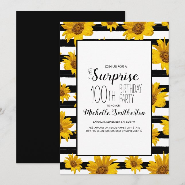 Invitación Sunflowers Black White Stripes 100 cumpleaños (Anverso / Reverso)