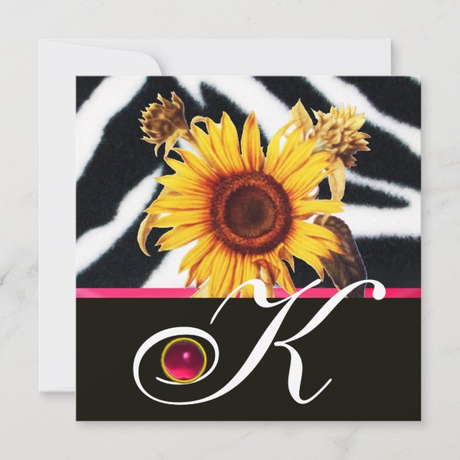 INVITACIÓN SUNFLOWERS ,BLANCO NEGRO PINO ZEBRA FUR MONOGRAM (Anverso)