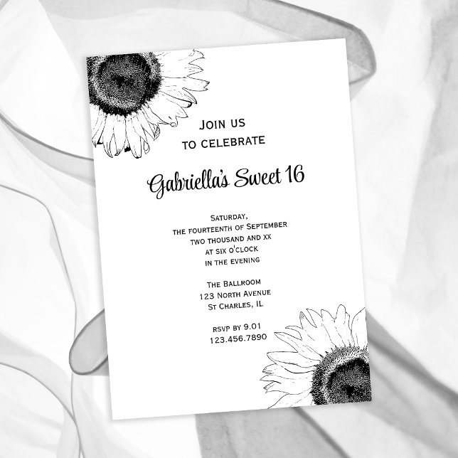 Invitación Sunflowers Blanco Negro Sweet 16 Cumpleaños (Subido por el creador)