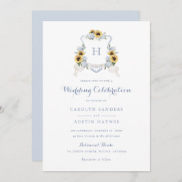 Invitación Sunflowers Blue Hydrangea Escudo Monograma Boda