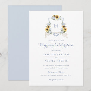Invitación Sunflowers Blue Hydrangea Escudo Monograma Boda