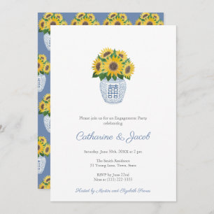 Invitación Sunflowers Blue White Ginger Jar Engagement Party