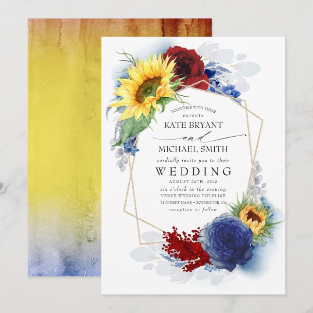 Invitación Sunflowers Boda de Caída Azul de la Marina y el Ro (Anverso / Reverso)