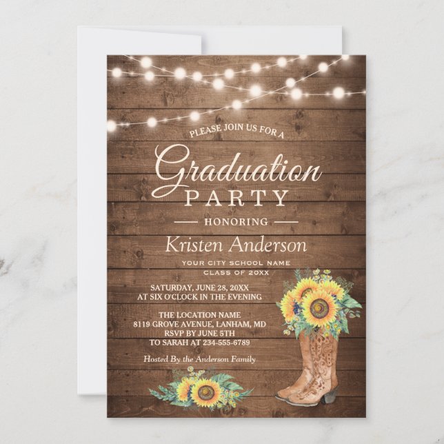 Invitación Sunflowers Boots String Lights Party Graduación (Anverso)
