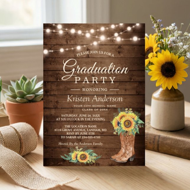 Invitación Sunflowers Boots String Lights Party Graduación (Subido por el creador)