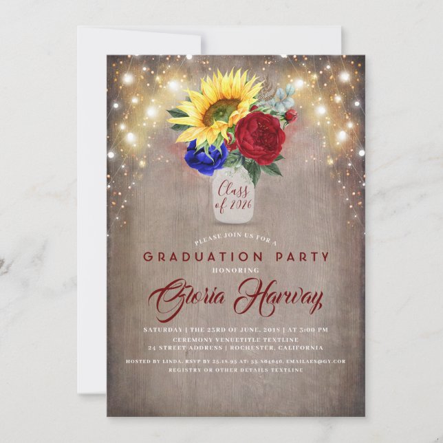 Invitación Sunflowers Borgoña Navy Blue Rustic Graduation (Anverso)