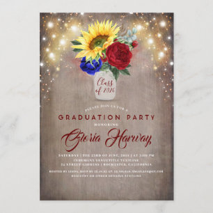 Invitación Sunflowers Borgoña Navy Blue Rustic Graduation