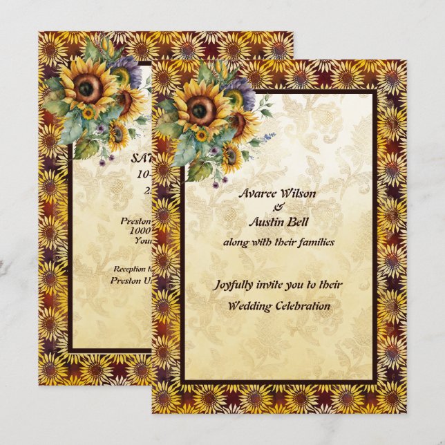 Invitación Sunflowers Bouquet Brown Gold (Anverso / Reverso)