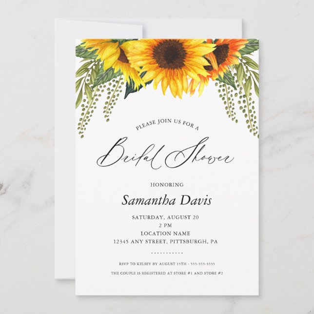 Invitación Sunflowers Bridal Shower Elegant Script (Anverso)