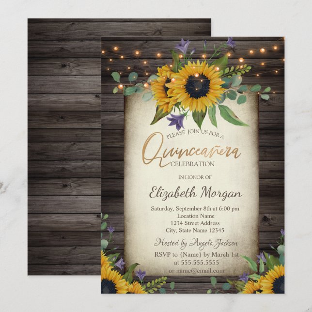 Invitación Sunflowers Brown Wood Quinceañera Cumpleaños (Anverso / Reverso)