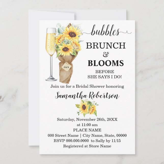 Invitación Sunflowers Bubbles Brunch & Blooms Bridal Shower (Anverso)