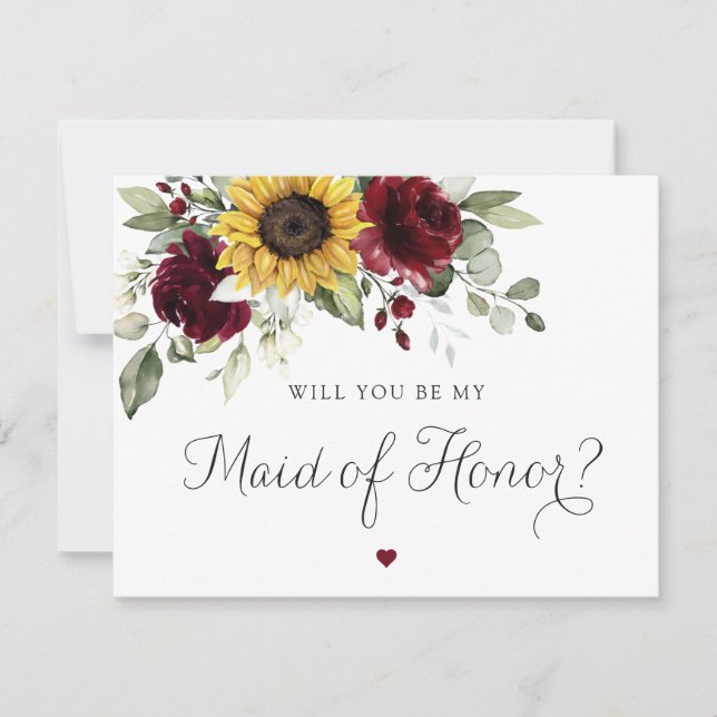Invitación Sunflowers Burgundy Boda Maid of Honor Card (Anverso)