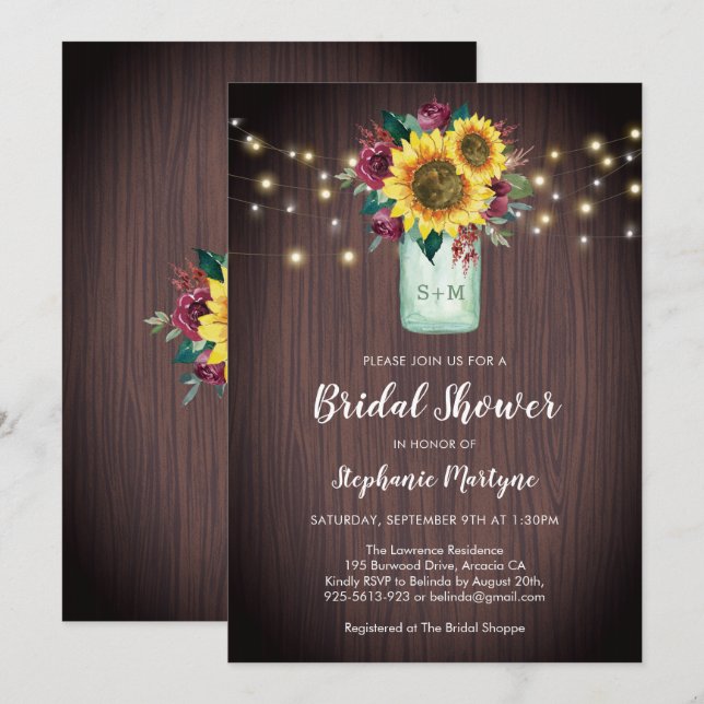 Invitación Sunflowers Burgundy Floral Mason Jar Bridal Shower (Anverso / Reverso)
