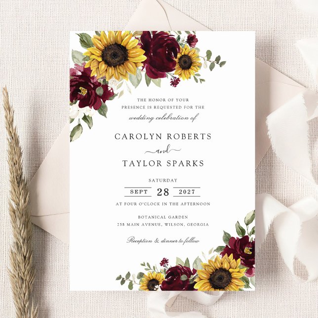 Invitación Sunflowers Burgundy Flowers Greenery Boda (Subido por el creador)