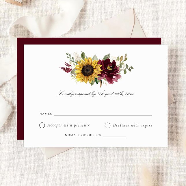 Invitación Sunflowers Burgundy Flowers Rustic Wedding RSVP I (Subido por el creador)