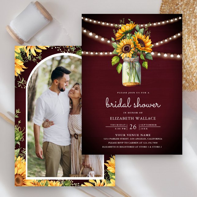 Invitación Sunflowers Burgundy Mason Jar Photo Bridal Shower (Subido por el creador)