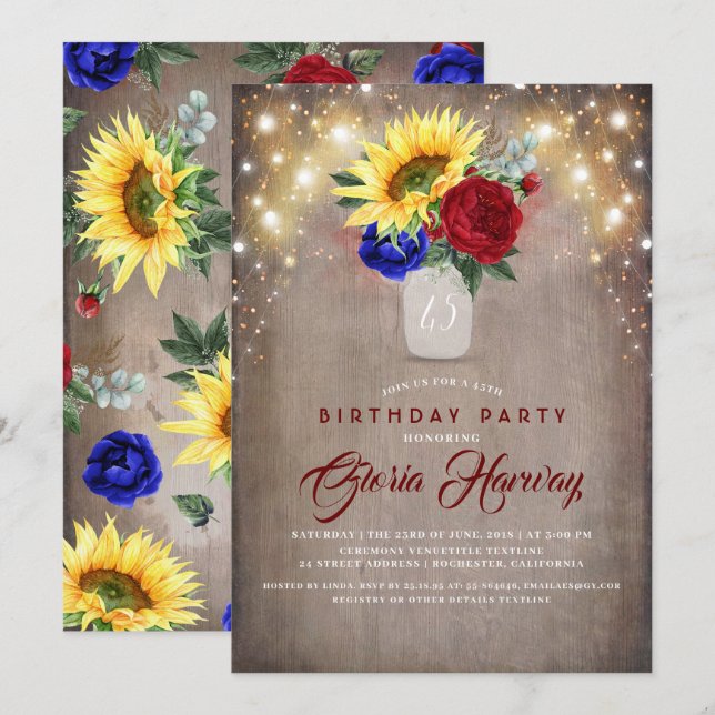 Invitación Sunflowers Burgundy Naval Azul Rústico Cumpleaños (Anverso / Reverso)