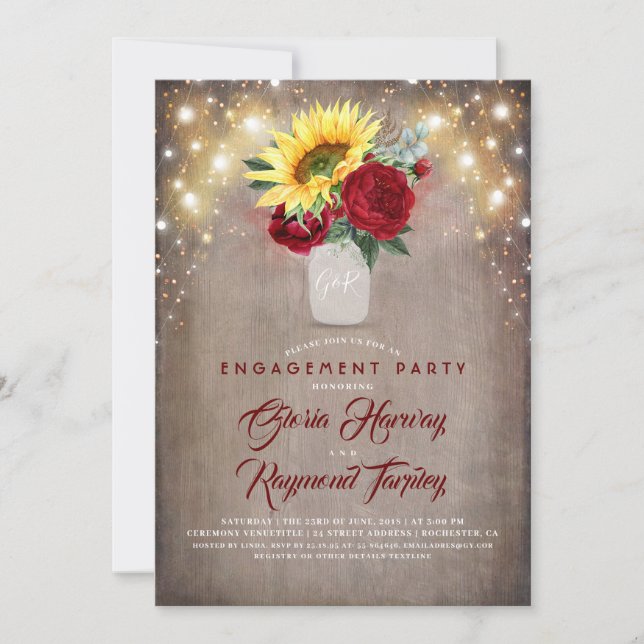 Invitación Sunflowers Burgundy Rustic Fall Engagement Party (Anverso)