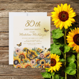 Invitación Sunflowers Butterflies 80th Birthday Party